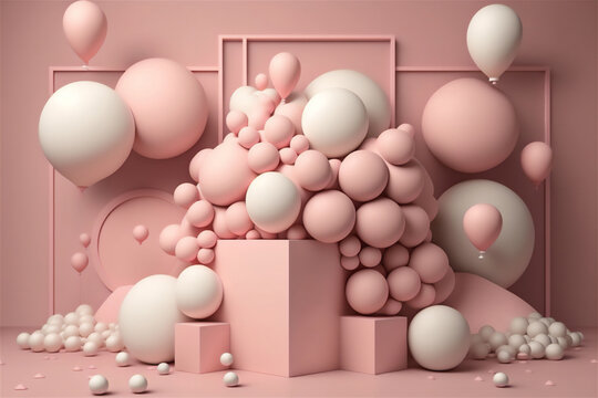 various pink balloons and cubes shapes in studio, created with Generative AI