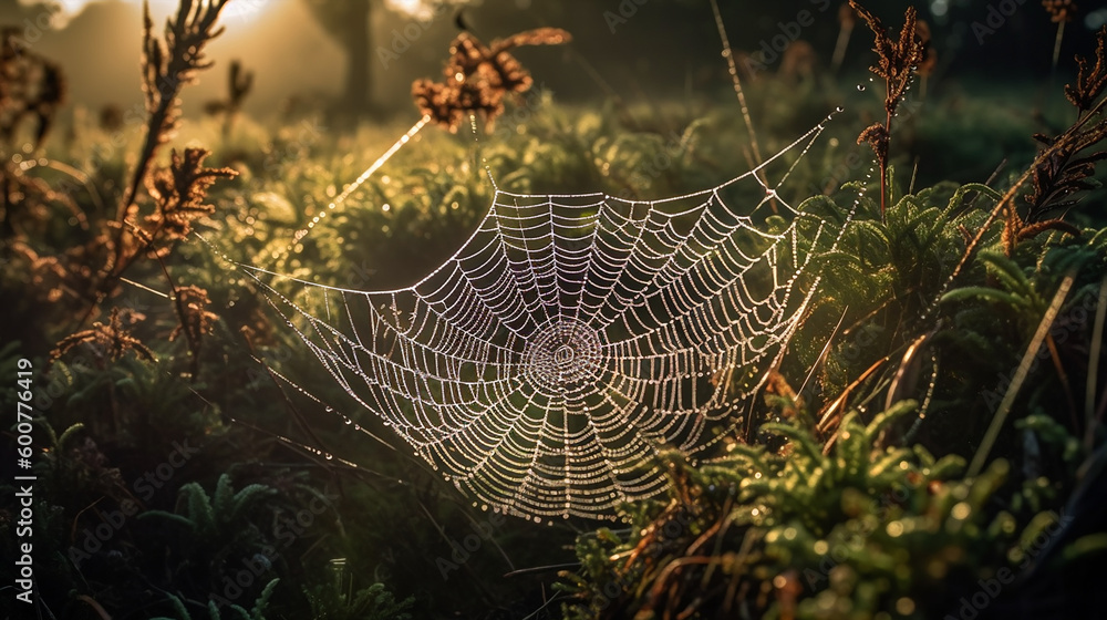 Wall mural spider web with dew drops in the morning. generative ai