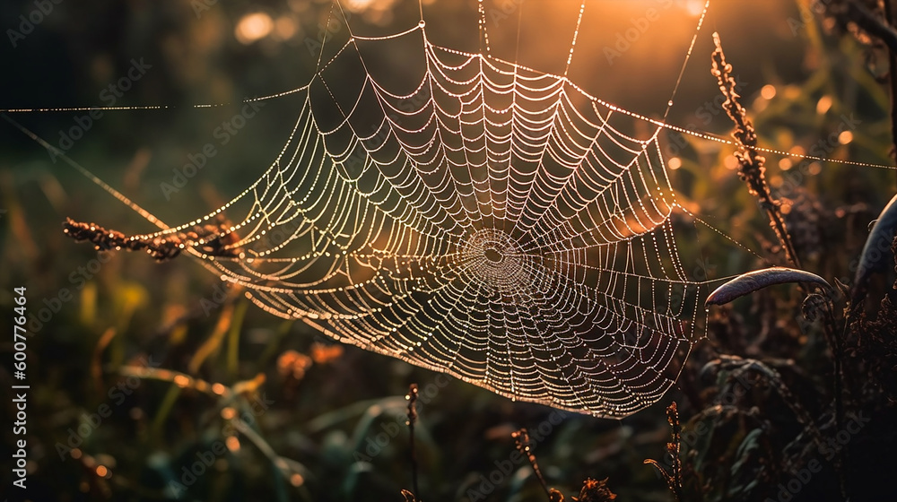 Wall mural spider web with dew drops in the morning. generative ai