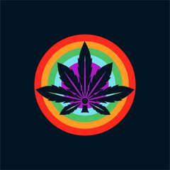 Rainbow illustration logo design with cannabis leaf.