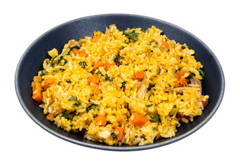 Vietnamese Fried Rice with vegetables and chicken in bowl cutout on white background