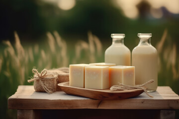 Obraz na płótnie Canvas A rustic wooden table top with handmade organic goat milk soap bars and a glass bottle of fresh milk, blurred field background. Warm Sunset tones. Generative AI.