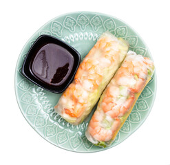 top view of vietnamese Goi Cuon spring rolls with rice noodles, shrimp, chicken and salad wrapped...