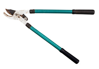 used garden loppers for pruning twigs cutout on white background