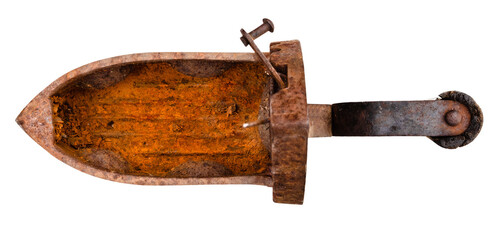 top view of open rusty charcoal iron cutout on white background