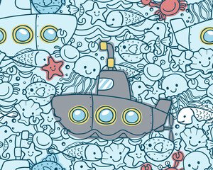 seamless pattern vector of cartoon submarine with marine animals