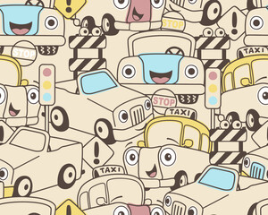seamless pattern vector of cartoon vehicles with road sign