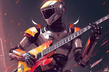 Naklejka na ściany i meble robot with a guitar color illustration Generative AI