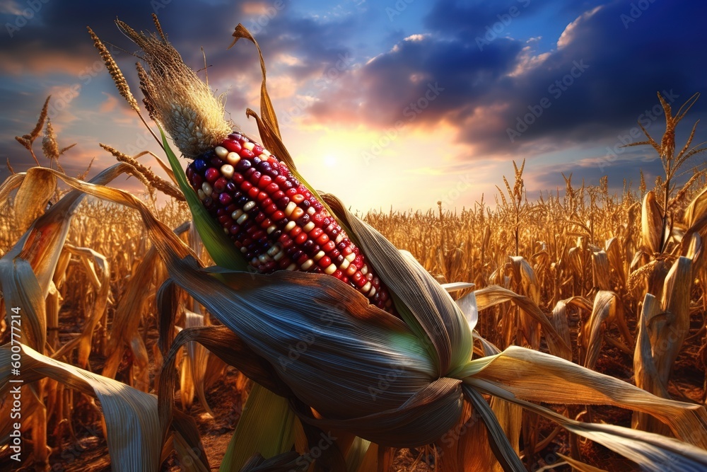 Poster a single corn cob sitting in the midst of a field of maize generative ai