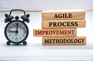 Agile process improvement methodology text on wooden background with white cover background. Agile...