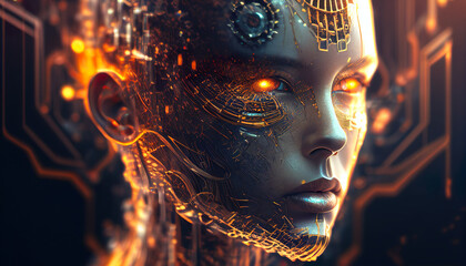 Artificial intelligence concept. Humanoid haunting face. Generative AI.