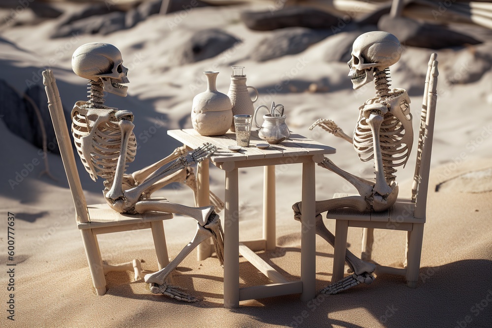 Aufkleber on the sand, there is a table with two skeletons seated at it. generative ai