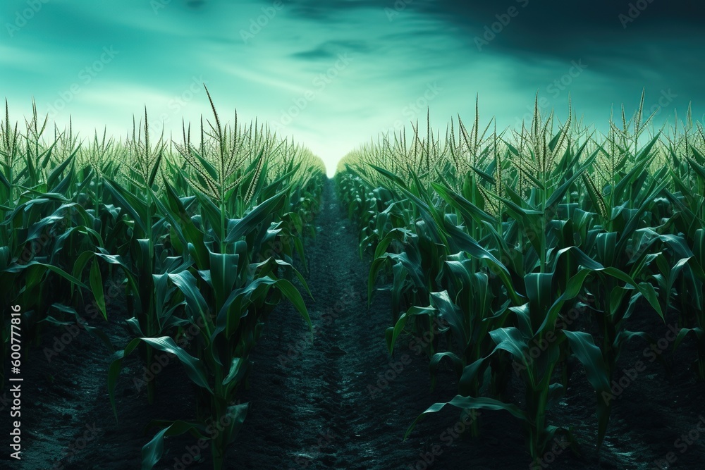 Poster the backdrop features a cornfield with a green sky. generative ai