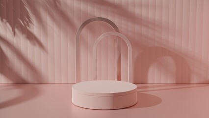 Pink empty podium or pedestal for product presentation, showcase of beauty and cosmetics product. Round mockup platform on pink background. 3d rendering