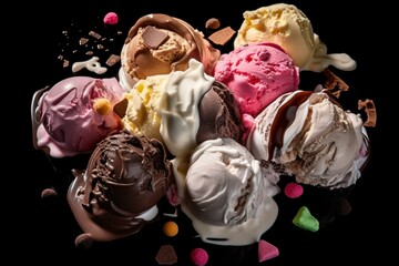 Assorted ice cream melting, isolated, studio shoot. Closeup display for poster, banner, menu. Top view flat lay. Generative AI