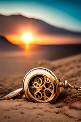 A pocket gold watch lies with an open case back on the sand.