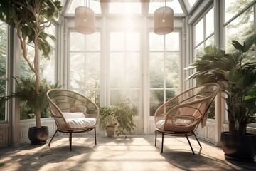 two wicker seats in a room filled with potted plants and natural light Generative AI