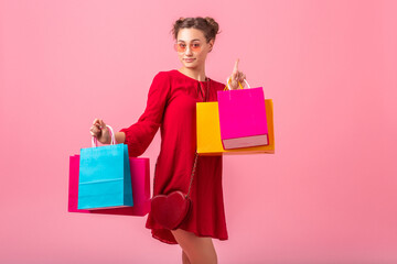 Fototapeta premium attractive happy smiling stylish woman holding shopping bags