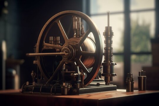 3D illustration of James Watt's patented steam engine from 1769. Generative AI