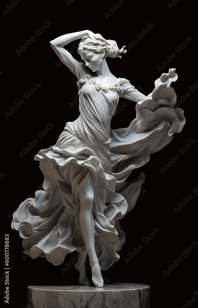 Wall mural elegant white marble sculpture capturing the graceful motion of a woman, set against a deep black ba