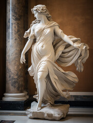 Elegant marble statue portraying a serene woman, her drapery flowing gracefully, set against a backdrop of ornate architecture.