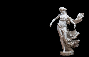 Stunning white marble statue of a graceful woman in motion, standing tall against a stark black background. Marble statue of a ballerina. - obrazy, fototapety, plakaty