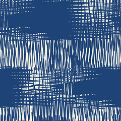 Macrame Check Tie Dye Seamless Pattern. Indigo Blue and Beige Geometric Monochrome Tartan Textile Imitation. Shibory Minimalism Background. Scottish Watercolor. Japan Design. Geometric Art Print.
