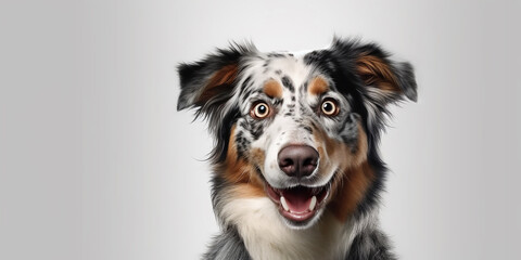 Close-up of a mesmerizing Australian Shepherd, displaying a mix of spotted fur and deep gaze, perfectly framed against a stark white background.