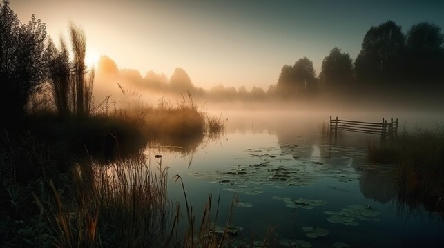 Landscape photo of a foggy lake in the morning. Mysterious lake on an early winter morning. Generative AI
