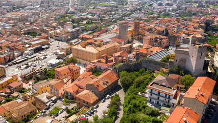 Obraz premium Aerial view of the historic center of Terracina, in the province of Latina, Italy. Here are the Roman theater and the Co-Cathedral of San Cesareo, the city's cathedral.