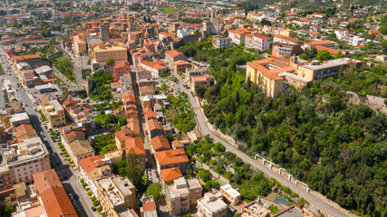 Aerial view of the historic center of Terracina, in the province of Latina, Italy. Here are the Roman theater and the Co-Cathedral of San Cesareo, the city's cathedral.