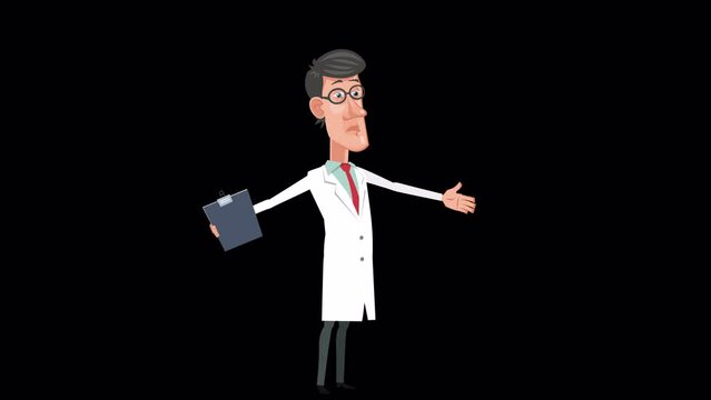 Cartoon young doctor character  spreads his arms and shrugs animation with alpha channel
