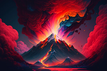 Volcano spewing red lava, mountain landscape. Trending illustration of natural phenomena. Generative AI image.