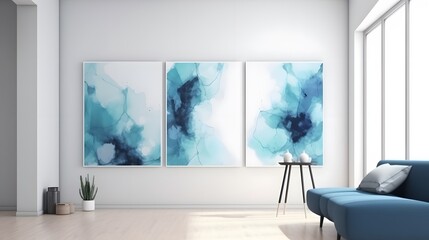 Fototapeta na wymiar gallery shot of a simple modern abstract wall art in blue and light blue color, isolated on white background, fine details, saturated, high contrast, studio lighting, 8k, octane render, magazine photo