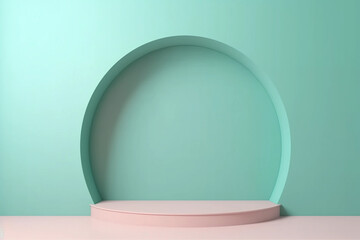 Mint green and pink round podium display background with arch and natural shadow. Beauty product promotion mockup. Round stand for cosmetic products. Generative AI