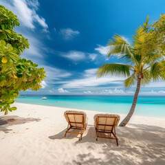 Naklejka na ściany i meble Beautiful tropical beach with white sand and two sun loungers chairs partly cloudy sky blue trees palm