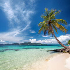 Beautiful palm tree on tropical island beach on background