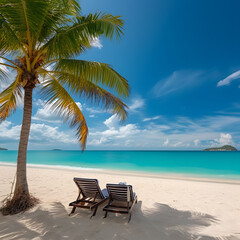 Beautiful palm tree on tropical island beach on background