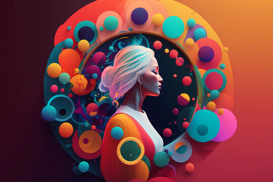 The Concept Of Female Power. Asian Woman In A Circle. Magical, Surreal Colorful Digital Illustration. Generative AI Image.