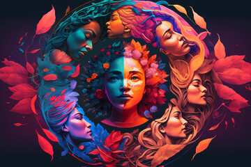 Fototapeta premium The concept of female power. Asian woman in a circle. Magical, surreal colorful digital illustration. Generative AI image.