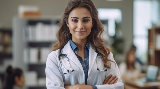 Portrait of girl doctor. Illustration AI Generative.