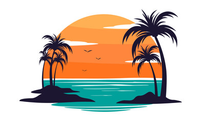 Fototapeta na wymiar Tropical paradise emblem with palm trees and sunset, vector logo template, isolated on white background, copy space.