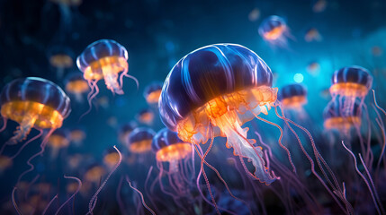  Many small jellyfish Aurelia aurita in sea Illustration AI Generative.