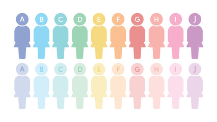 AからJまでのアルファベットの仮称付きのカラフルな女性の人型のアイコン･ピクトグラムのセット