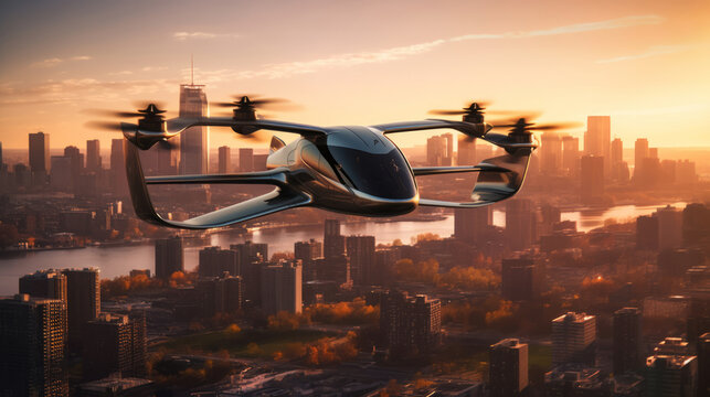 Electric Vertical Take Off and Landing Aircraft. Illustration AI Generative.