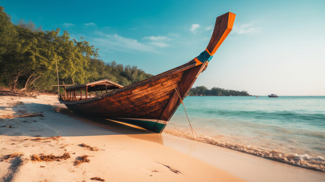 Thai traditional wooden longtail boat. Illustration AI Generative.