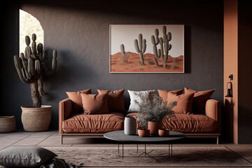 Modern cozy living room with cactus wall art. Contemporary interior design with earth tones wall color, sofa, table and cactus. . Generative AI.
