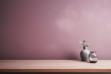 Textured purple mauve wall copy space. Monochrome empty room with minimalist wood table. Wall scene mockup product for showcase, Promotion background. Generative AI.