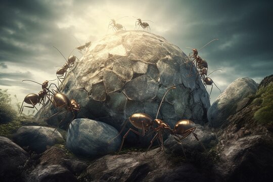 Illustration of ants working as a team to push a boulder uphill. Depicts teamwork concept. Generative AI