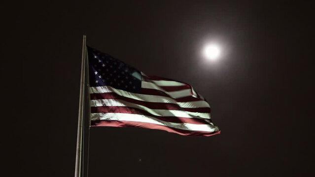Lockdown Shot Of American Flag Waving Against Sky At Night - San Francisco, California